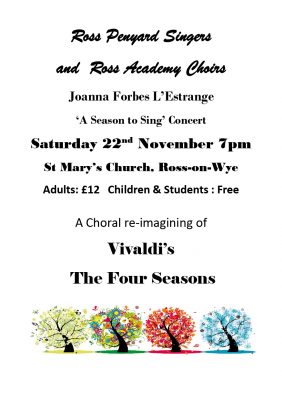 White poster with black text and trees with colours for each season