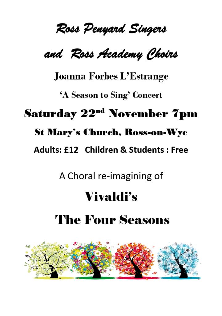 White poster with black text and trees with colours for each season