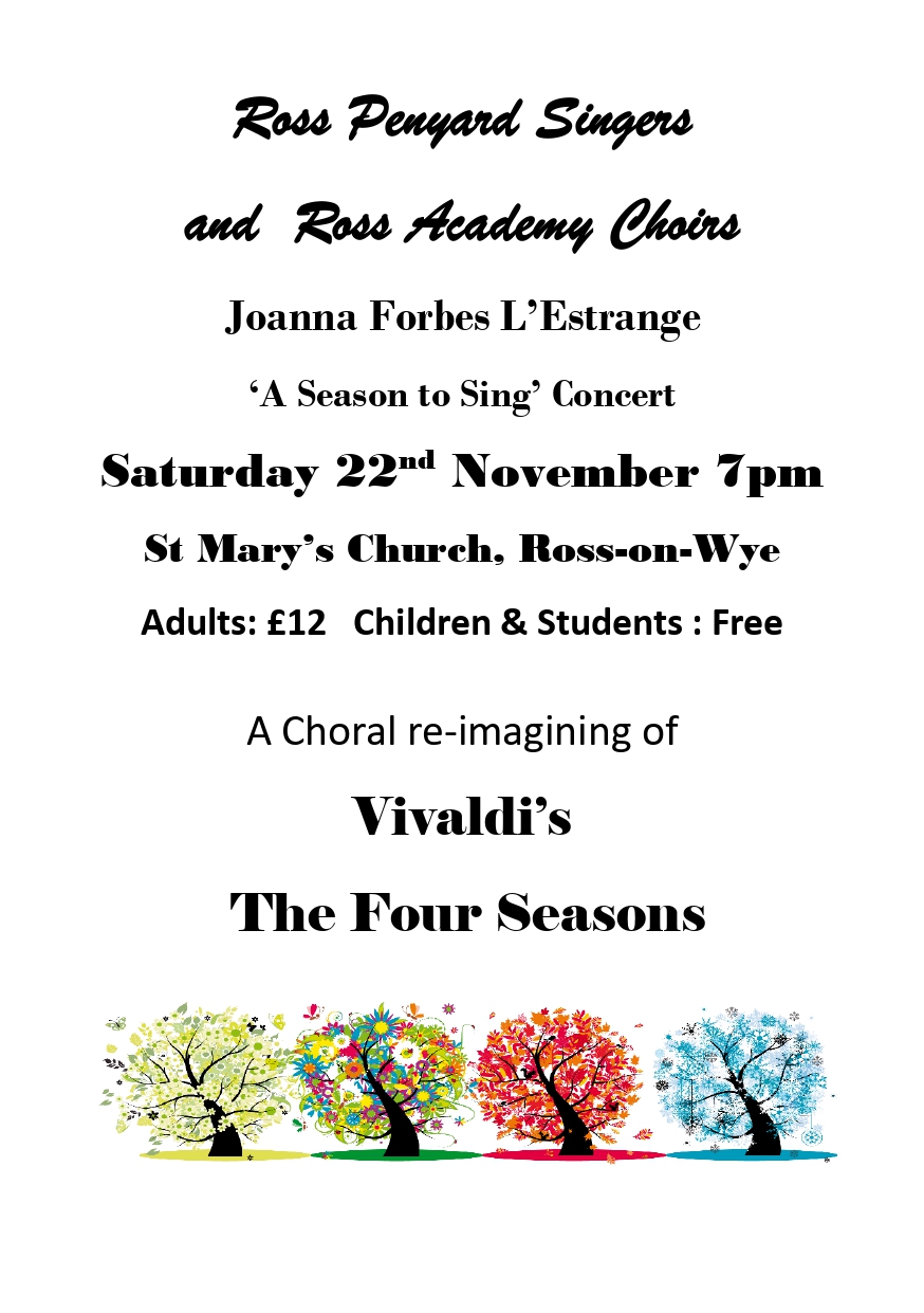 White poster with black text and trees with colours for each season