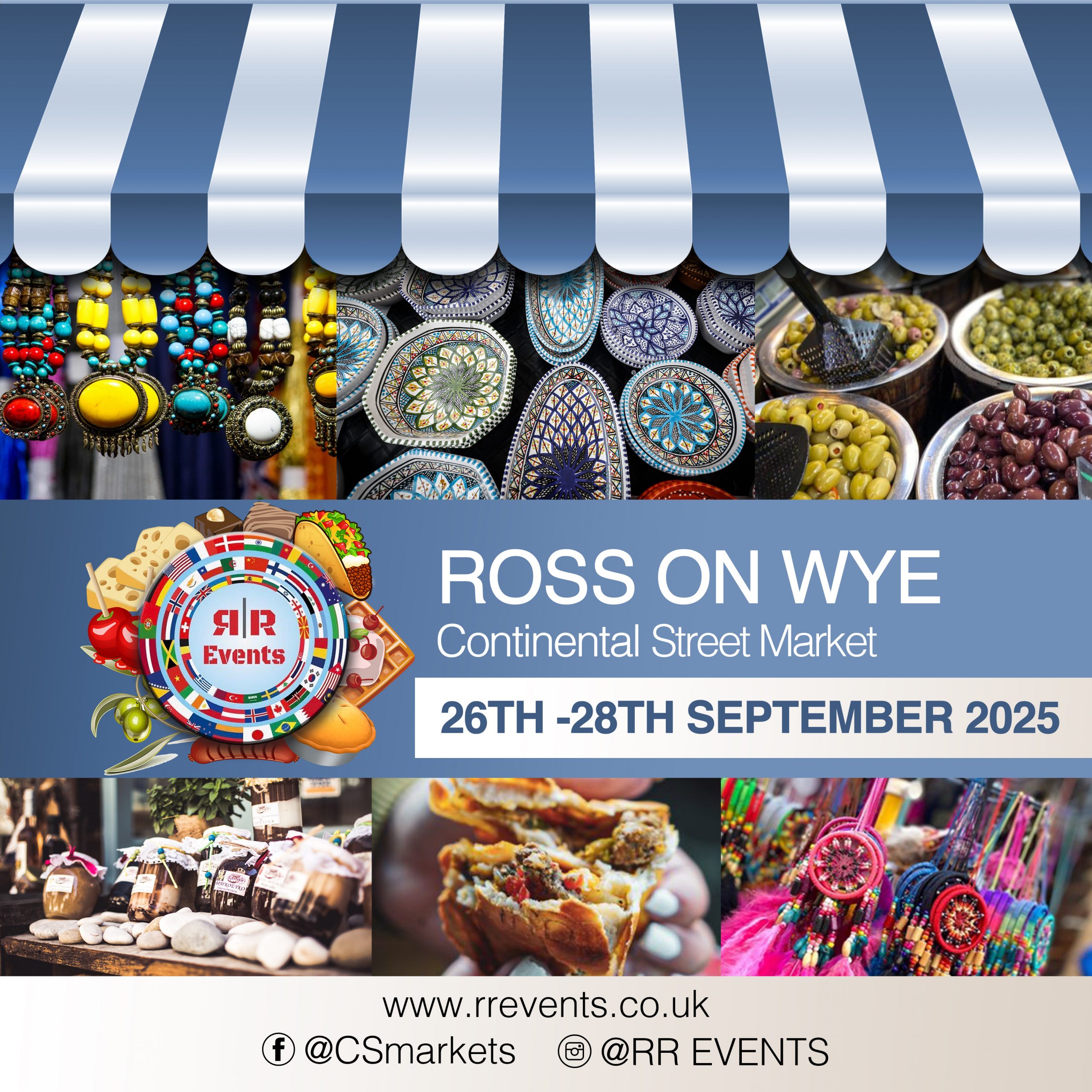 Picture of food with blue and white striped market stall awning at the top