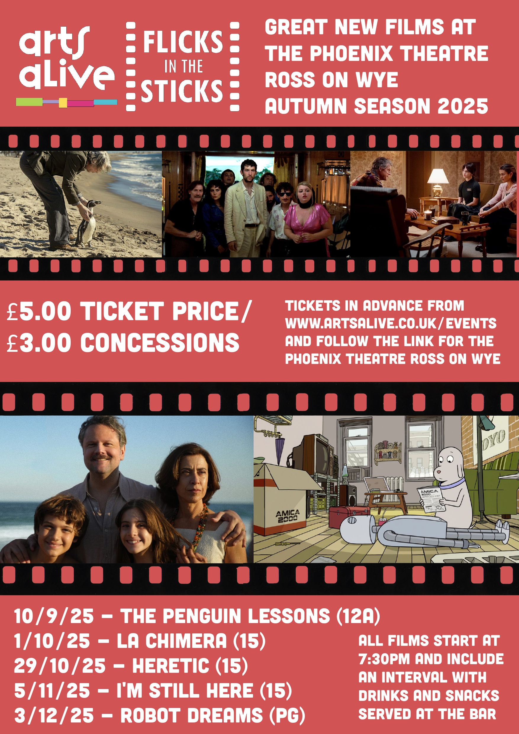 Red poster with text in white and movie photos