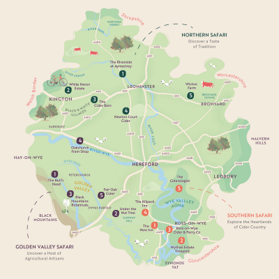 Map of herefordshire with 3 trails of 5 points marked