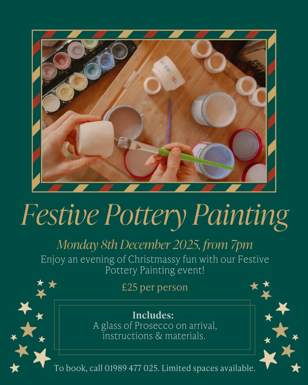 Green background with picture of pottery painting above text