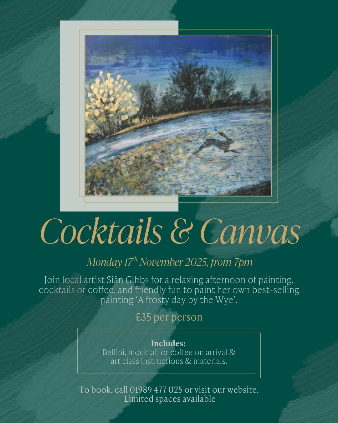 Green background with picture of a wintery landscape painting above text