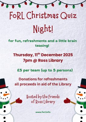 White poster with green and red text