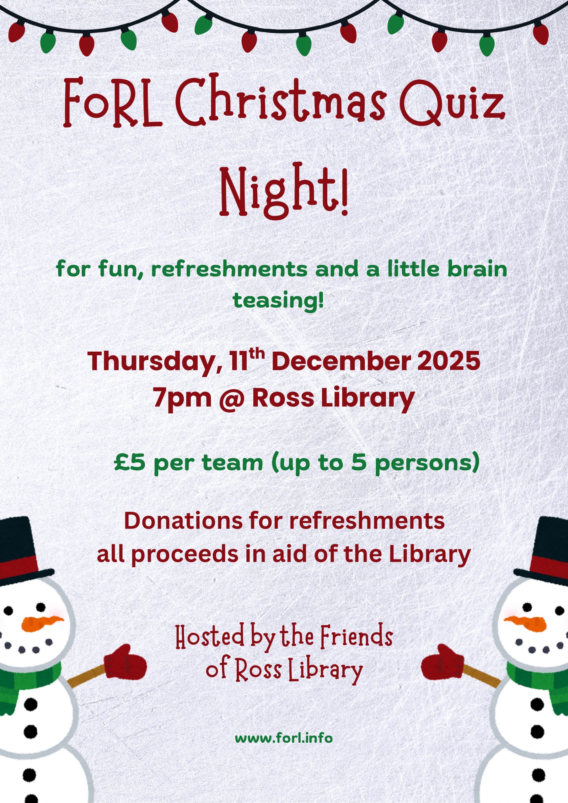 White poster with green and red text