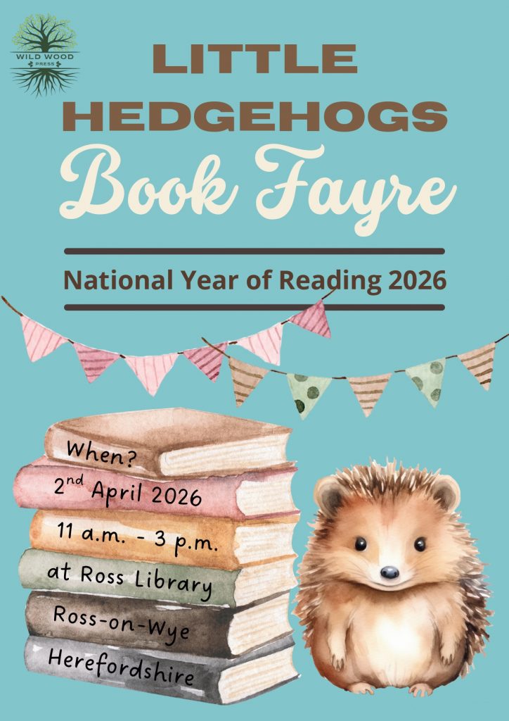 Blue poster with illistration of books, bunting and a hedgehog
