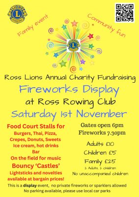 Yellow background with text in red, black and blue