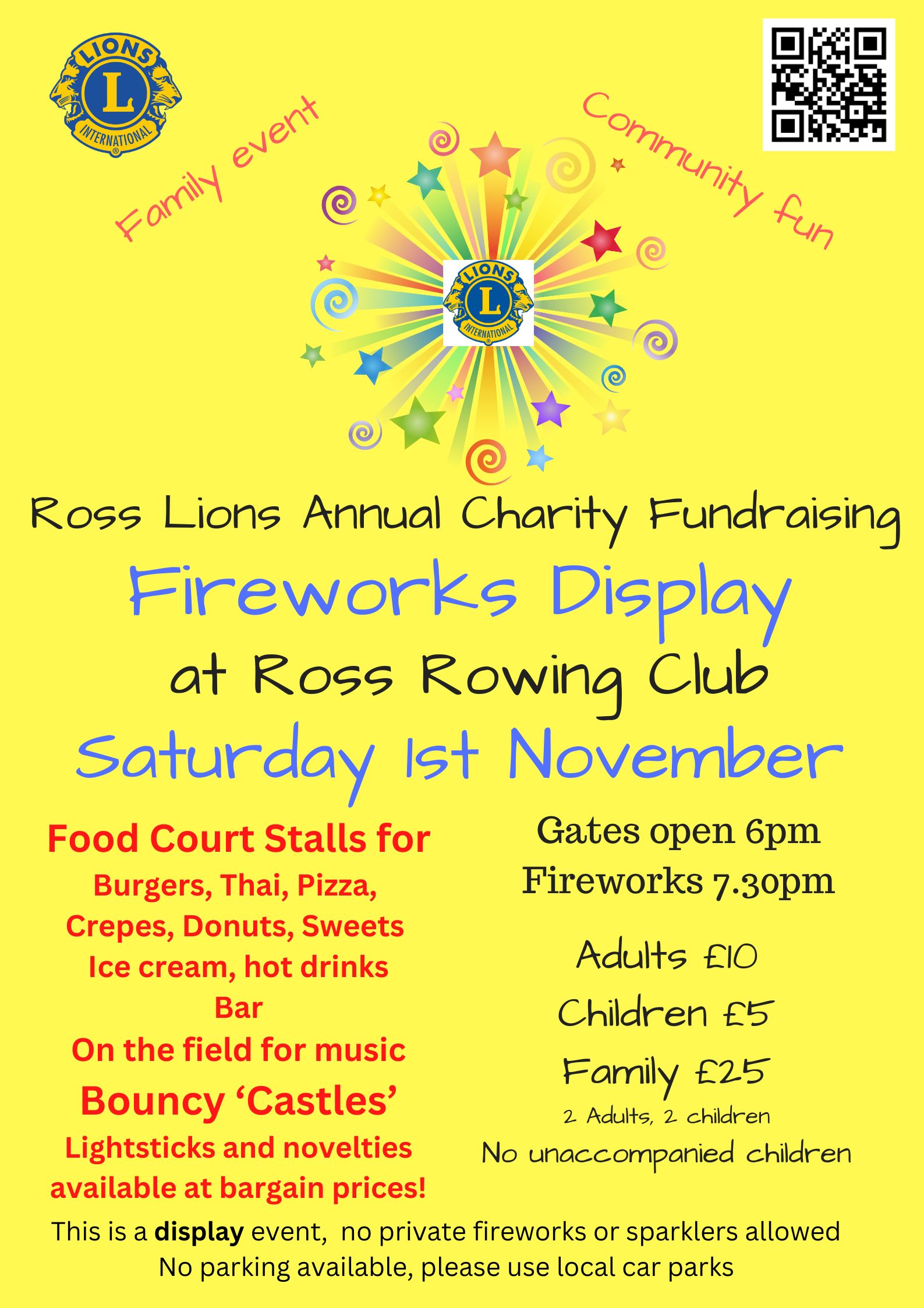 Yellow background with text in red, black and blue