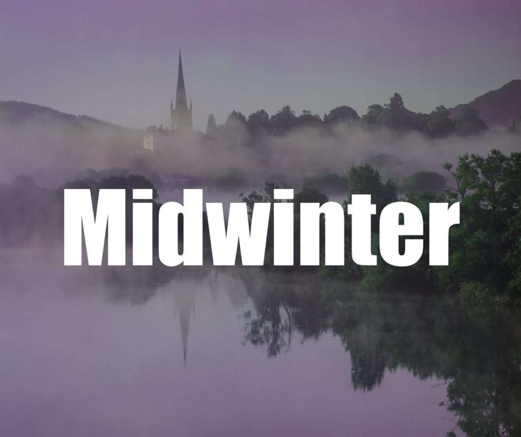 Picture of foggy river and title in white