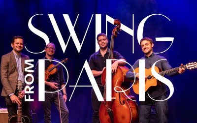 Picture of 4 musicians and their instruments with title text on top