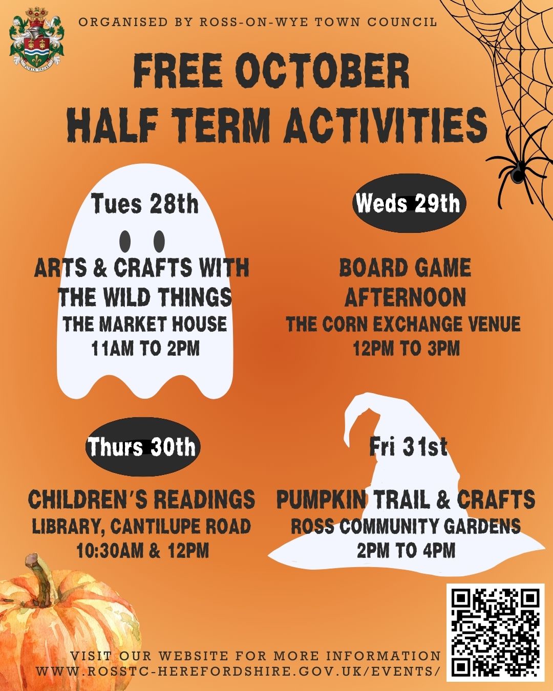 Orange pister with black text and white ghost and witch hat in the background