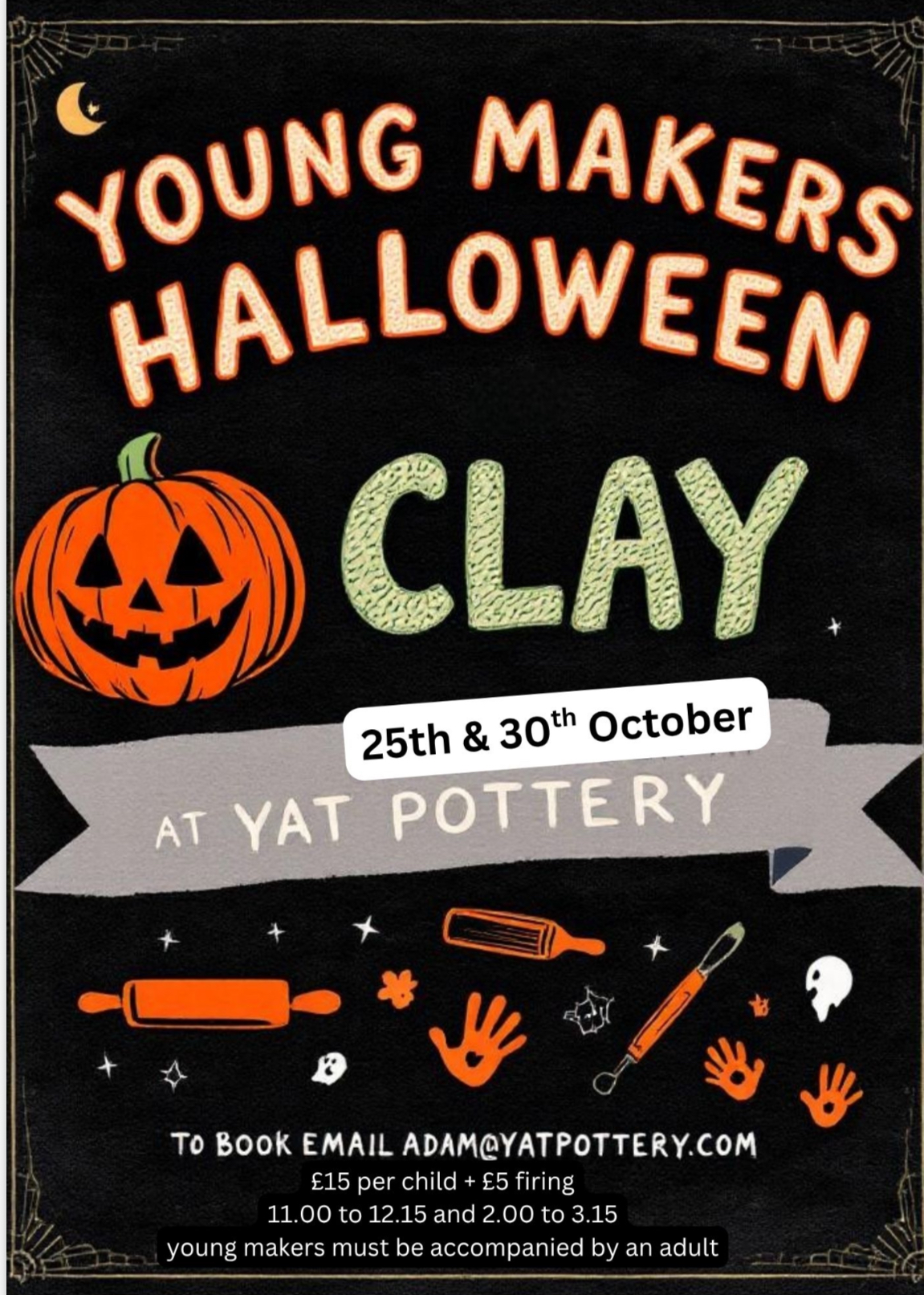 black poster with green and orange lettering