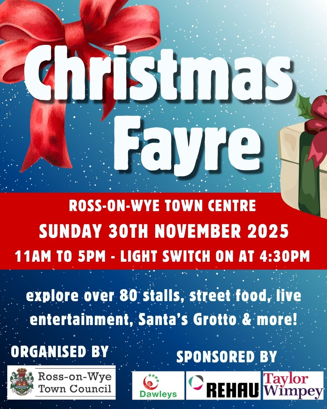 Blue and white background with bold white text