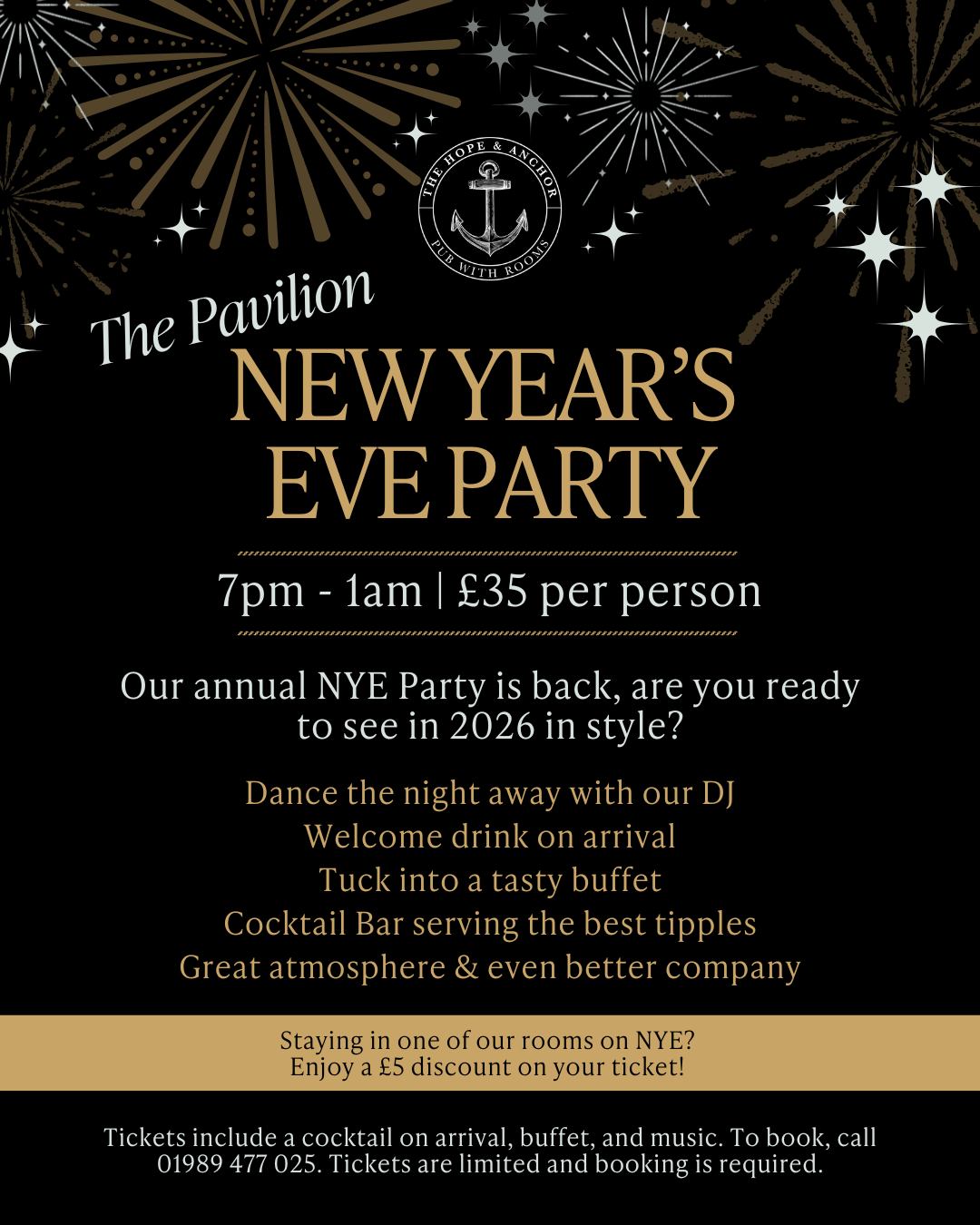 Black background with gold text and fireworks at the top