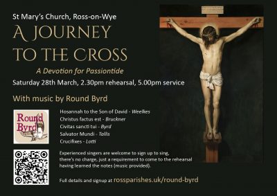 Picture of Jesus on cross with text in cream and white