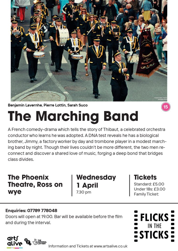 White poster with image of marching band on top half and black text on bottom half