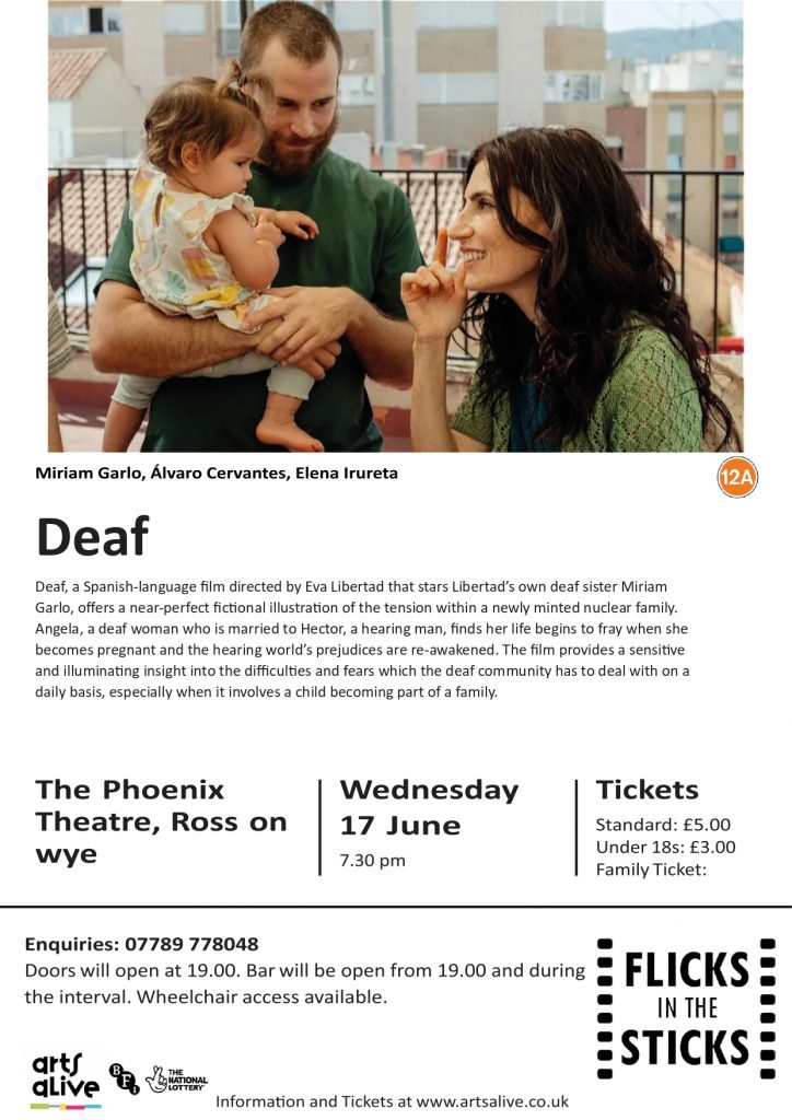 white poster with black text, image at top of brunette woman looking at baby in man's arms