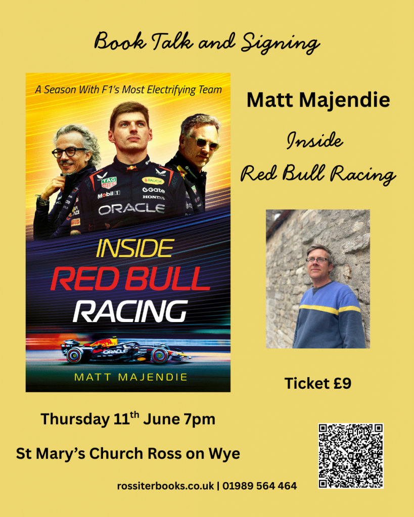 yellow poster with image of author and book cover