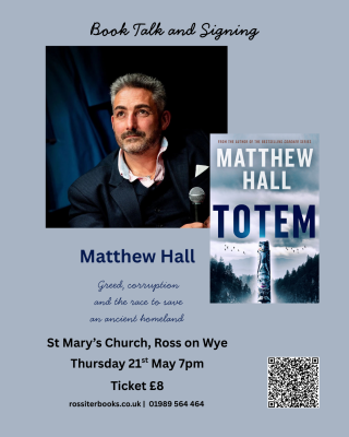 bluee poster with picture of author and book cover