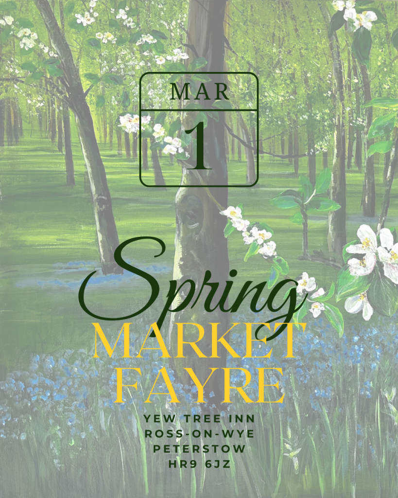 Painting of forest with text in yellow and dark green