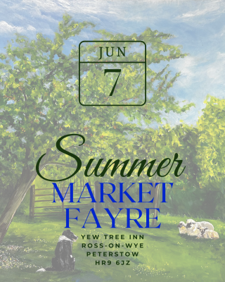 Paintin of dog in a field with text in blue and dark green