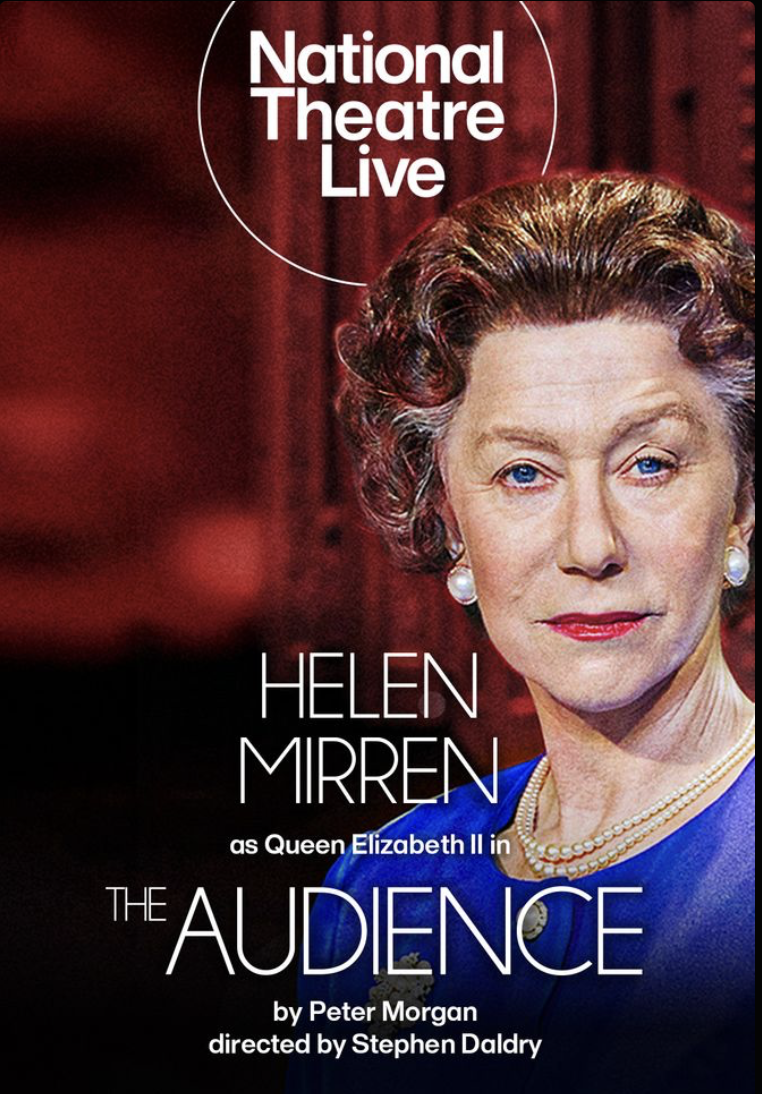 Picture of woman with blue dress and pearl necklace, white text overlay