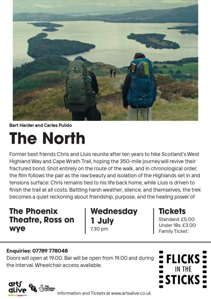 white poster with black text and picture of 2 hikers at top of mountain view