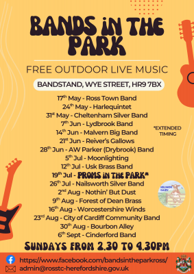 orange poster with list of bands on each date, Sunday 17th May to 6th September at Ross Bandstand