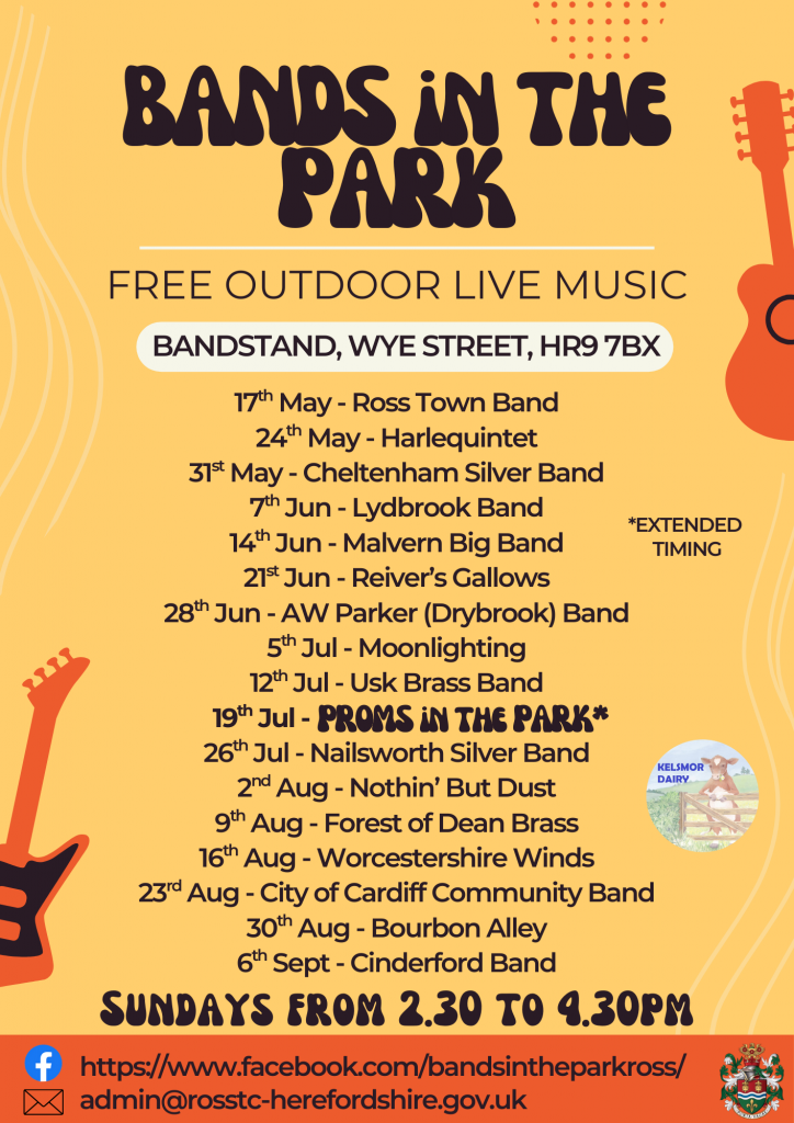 orange poster with list of bands on each date, Sunday 17th May to 6th September at Ross Bandstand